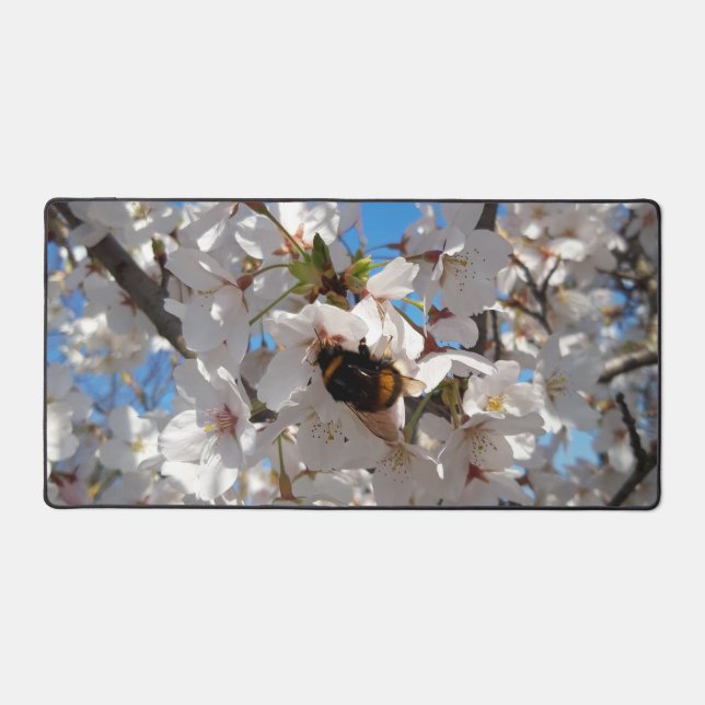 Bumblebee on wild cherry bloom desk mat (Front)