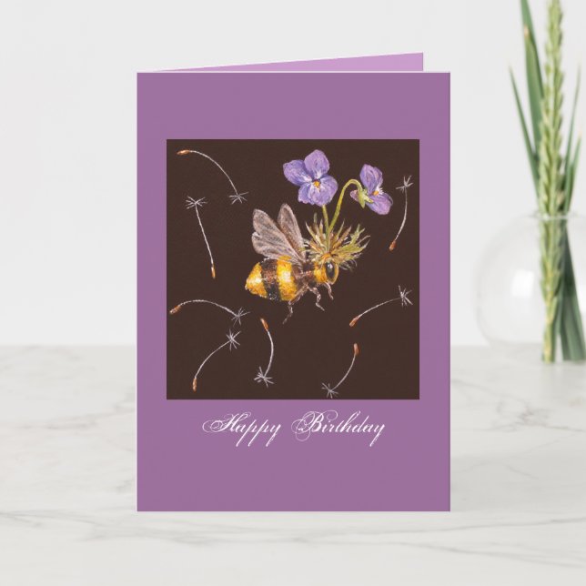 bumblebee with violets birthday greeting card (Front)