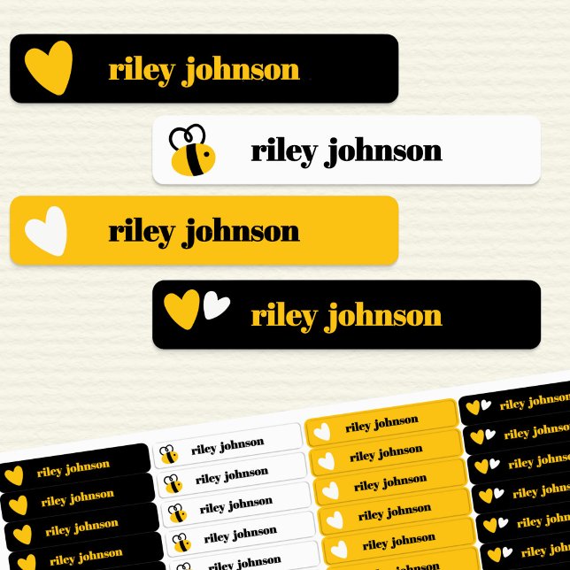 Bumblebee & Yellow Hearts Kids Name Waterproof (Personalized bee themed kids waterproof name labels)