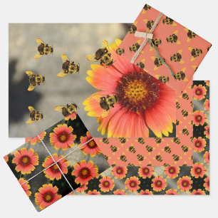 Bumblebees and Gaillardia Flowers Orange Wrapping Paper Sheet