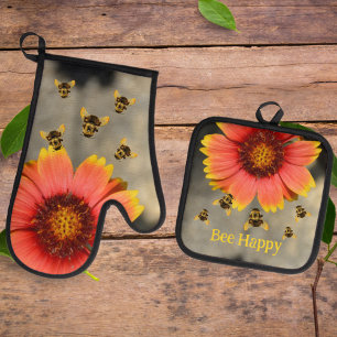 Bumblebees and Orange Gaillardia Sunflower Floral Oven Mitt & Pot Holder Set