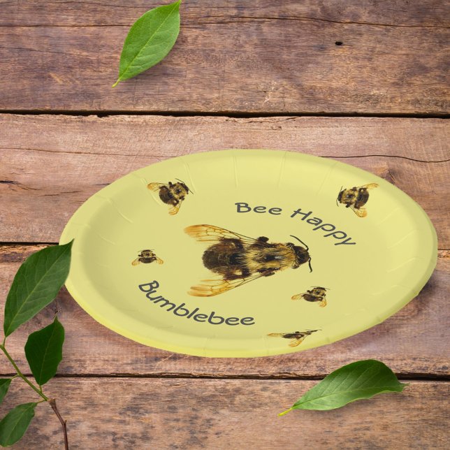 Bumblebees Bee Happy Yellow Paper Plate (Creator Uploaded)