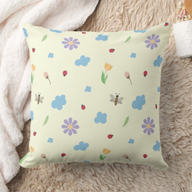 Bumblebees, Ladybugs & Wildflowers Pattern Cushion (Blanket)