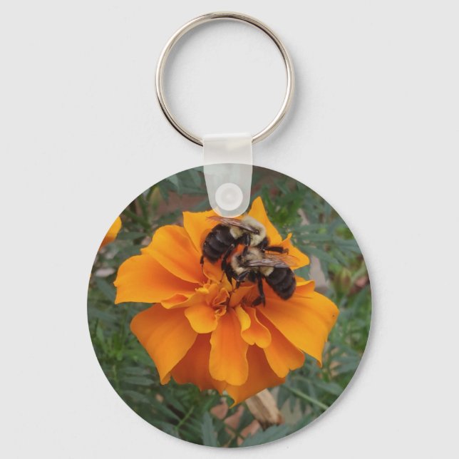 Bumblebees on Marigold Flower Key Ring (Front)