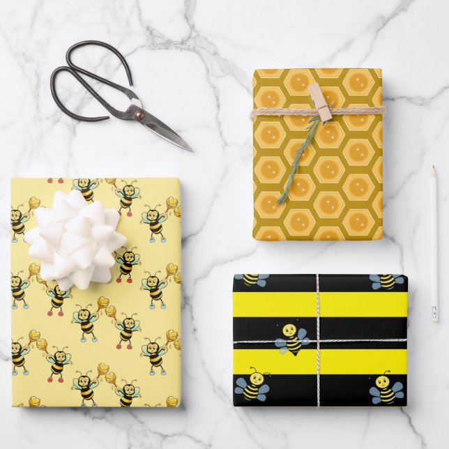 Bumblebees with heart & honeycomb pattern wrapping paper sheet (Front)