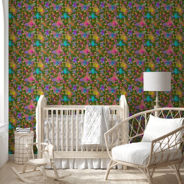 Bumbling Butterflies in Moss Wallpaper (Kids)