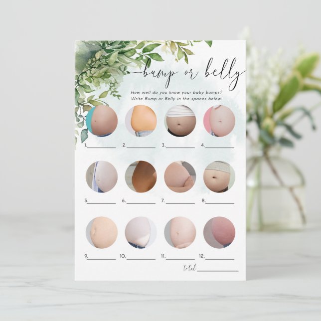 Bump or Belly, Baby Shower Game Greenery Theme Invitation (Standing Front)