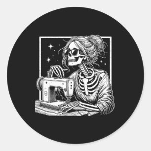 Bun Hair Skeleton Sewer Quilter Halloween Sew Wome Classic Round Sticker