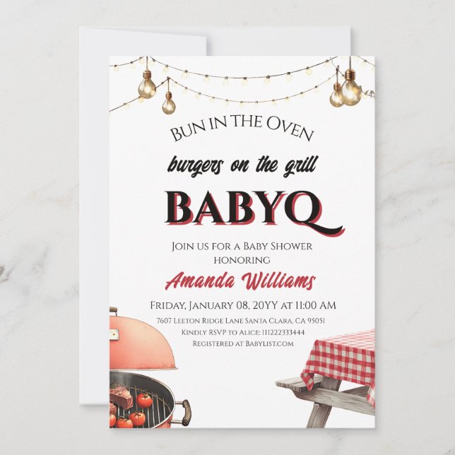 Bun in Oven Burger on Grill BabyQ BBQ Baby Shower Invitation (Front)