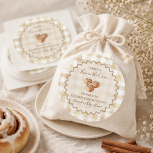 Bun in the Oven Beige Gingham Baby Shower Classic Round Sticker