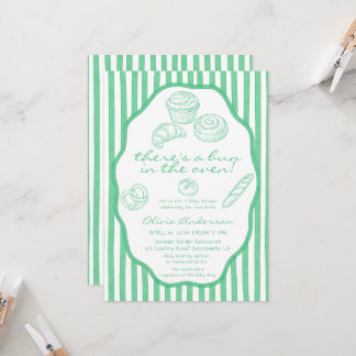 Bun in the oven green pinstripes Baby Shower Invitation