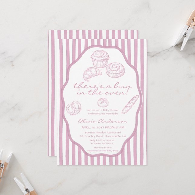 Bun in the oven pale pink pinstripes Baby Shower Invitation (Front/Back In Situ)