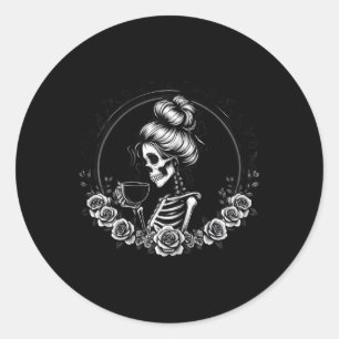 Bun Skeleton Drinking Coffee Vintage Halloween Fun Classic Round Sticker