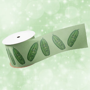 Bunch Funny faces on Green Pickles on light Green Satin Ribbon