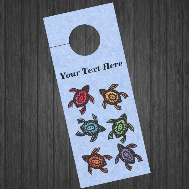 Bunch of Abstract Black Turtles Colourful Markings Door Hanger (Bunch colourful turtles in various colours on light blue paper doorknob hanger.)