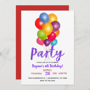 Bunch of Balloons Birthday Party Purple Glitter Invitation