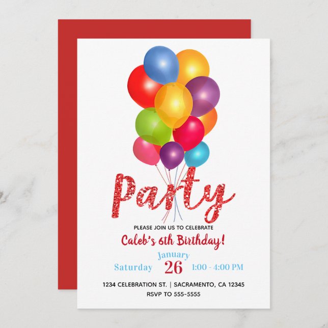 Bunch of Balloons Birthday Party Red Glitter Invitation (Front/Back)