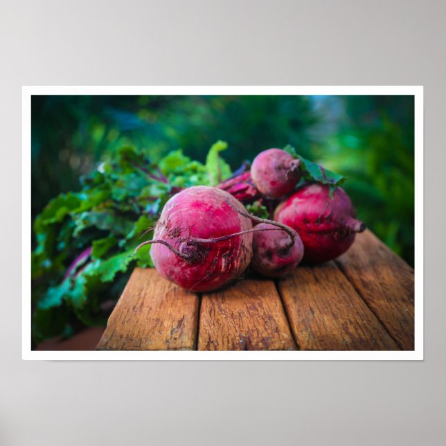 Bunch of Beets with Leaves on Table Poster (Front)