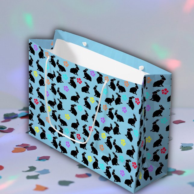 Bunch of Black Silhouette Rabbits Flowers Blue Large Gift Bag (black sitting rabbits colourful flowers on blue gift bag for Easter for spring time.)
