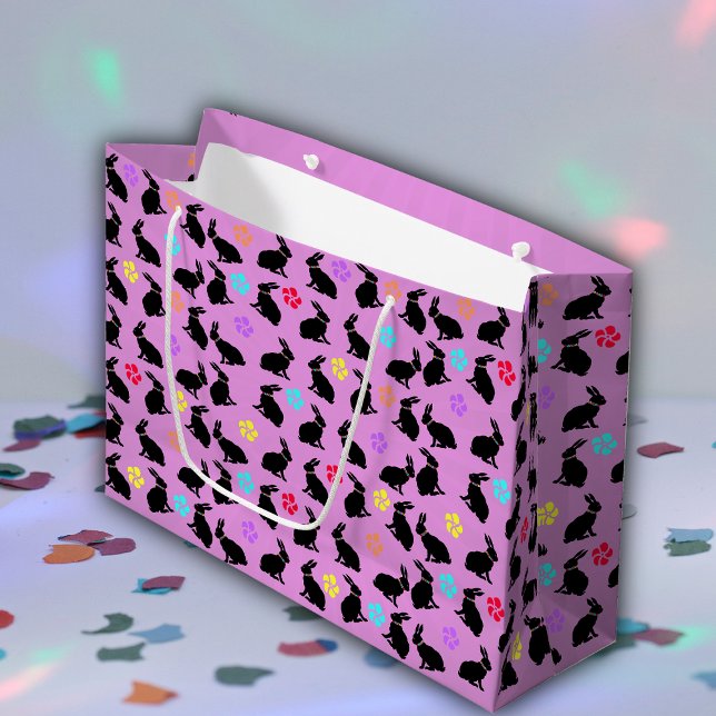 Bunch of Black Silhouette Rabbits Flowers Pink Large Gift Bag (Black rabbits and flowers on bright pink gift bag for Easter for Spring time.)