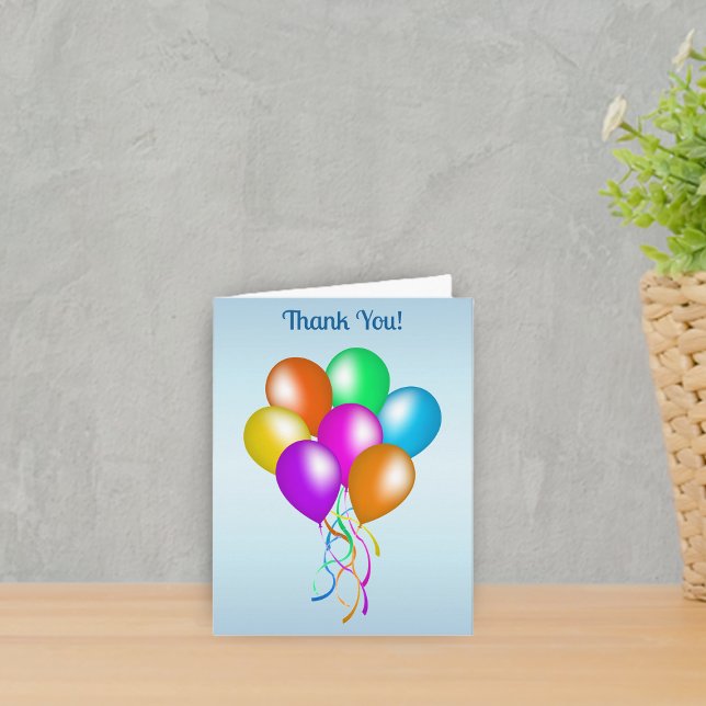 Bunch of Bright Colourful Balloons With Ribbons Thank You Card (Bunch bright colourful balloons with hanging matching ribbons on light blue Thank You card.)