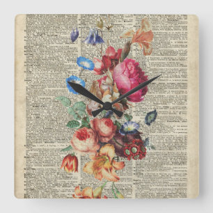 Bunch of Colourful Flowers On A Dictionary Page Square Wall Clock