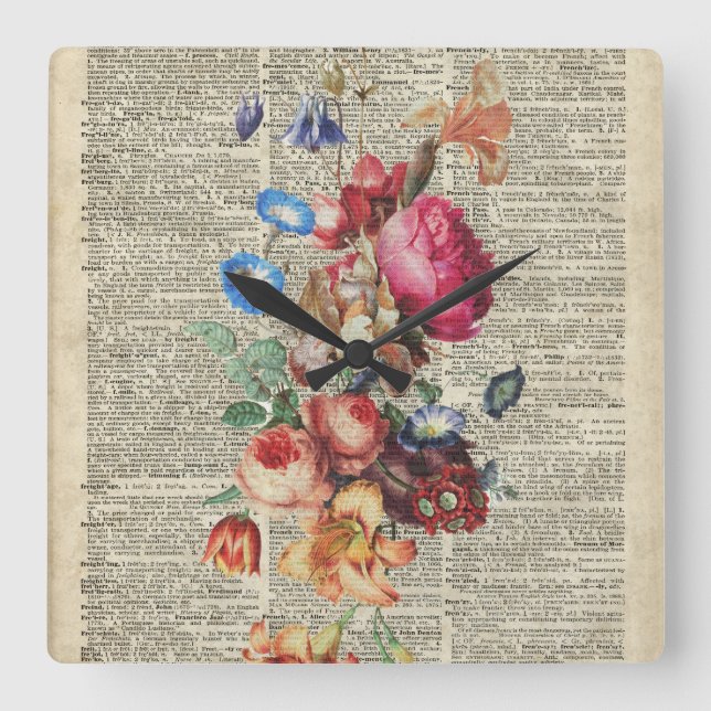 Bunch of Colourful Flowers On A Dictionary Page Square Wall Clock (Front)