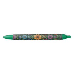 Bunch of colourful flowers on green black ink pen