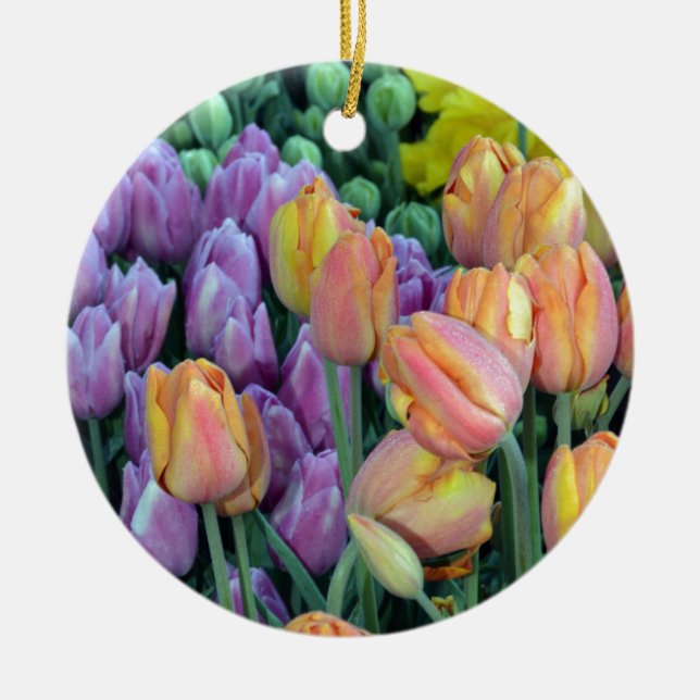 Bunch of colourful tulips ceramic tree decoration (Front)