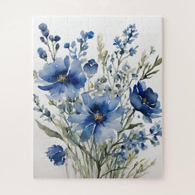 Bunch of Flowers Elegant Watercolor Stylish Blue Jigsaw Puzzle (Vertical)