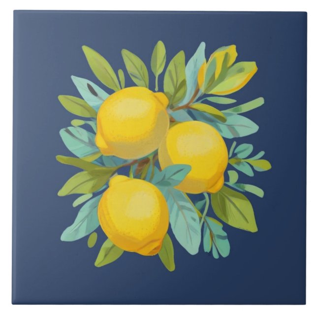 Bunch of Lemons on Mediterranean Dark Blue Ceramic Tile (Front)