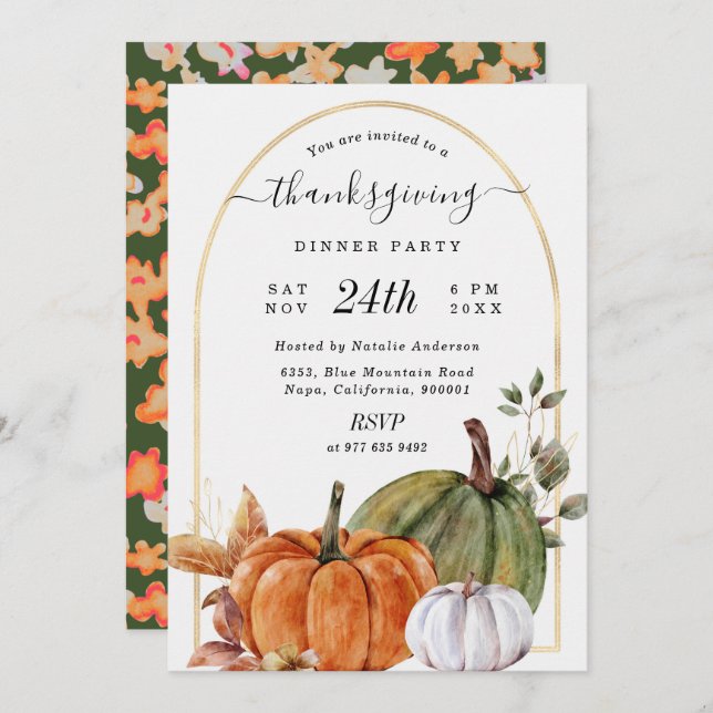 Bunch of Pumpkins Gold Arch Thanksgiving Dinner  Invitation (Front/Back)
