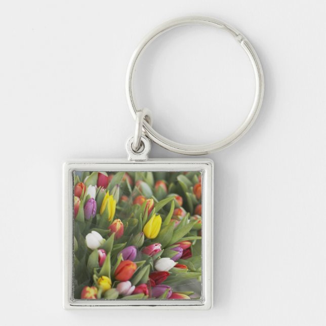 Bunches of colourful tulips key ring (Front)
