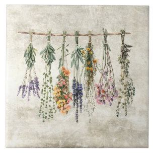Bunches of Dried Rustic Flowers & Herbs Ceramic Tile