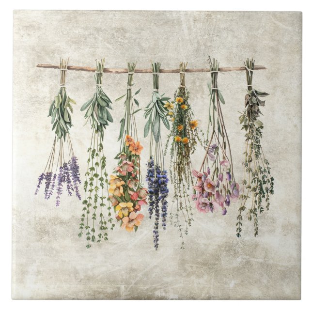 Bunches of Dried Rustic Flowers & Herbs Ceramic Tile (Front)