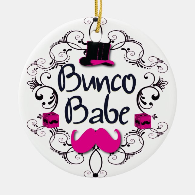 Bunco Babe with Swirls, Moustache and Top Hat Ceramic Ornament (Front)