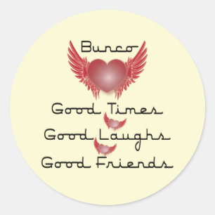 bunco good times with heart and wings classic round sticker