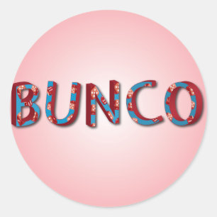 Bunco letters with bunco dice classic round sticker