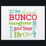 Bunco Paper Placemat<br><div class="desc">Fun multicolor subway art graphic bunco design.  Background colour can be changed.  Featured are the words friends,  bunco,  dice,  throw,  toss,  chat,  laughter and good times.  Makes a great and clever prize or gift.  Great for your next Bunco event. Use as a paper place mat for your Bunco events.</div>