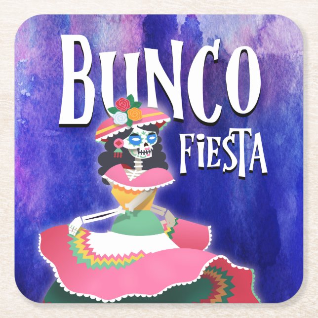 Bunco Party Fiesta Day of the Dead Skeleton Square Paper Coaster (Front)