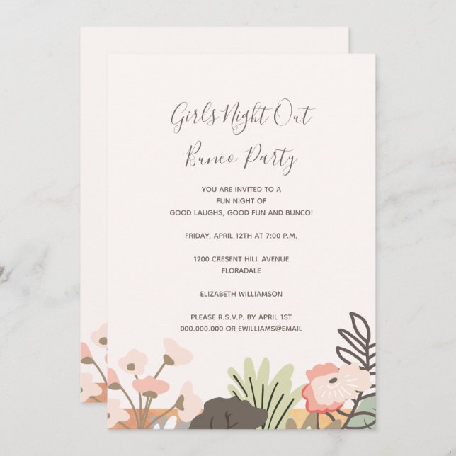 Bunco Party Girls Night Out Floral Modern Script Invitation (Front/Back)