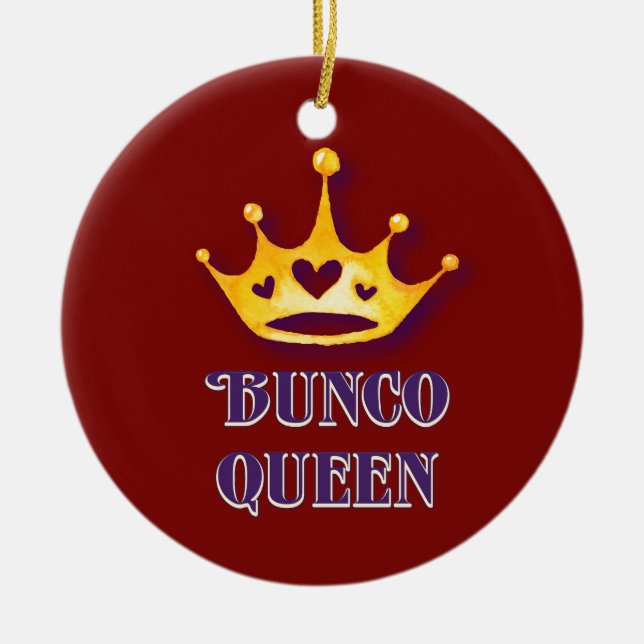 Bunco Queen Christmas Holiday Heart Crown Red Ceramic Ornament (Front)