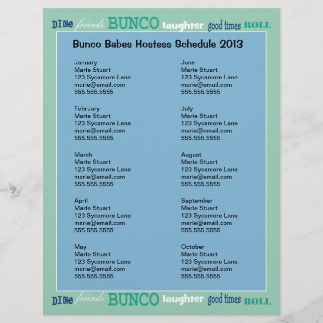 Bunco Subway Hosting Calendar Flyer (Front)