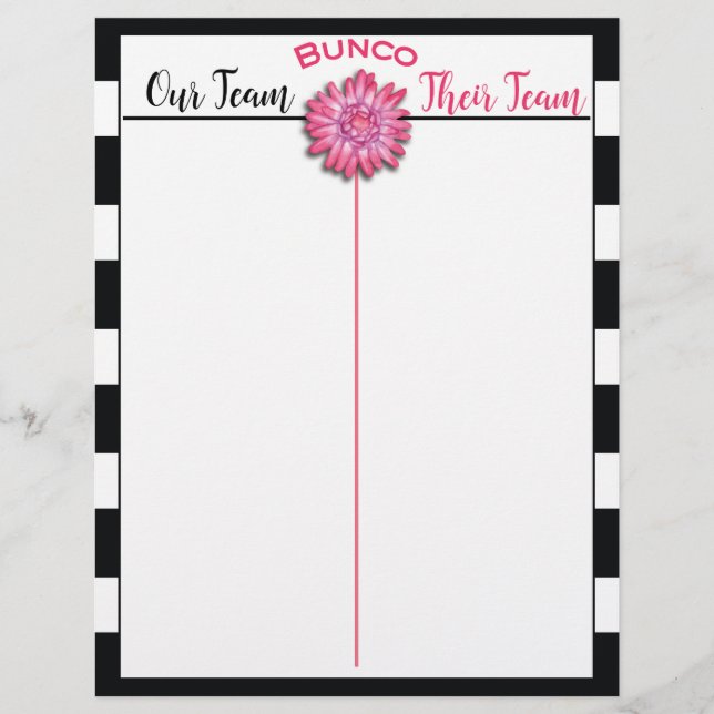 Bunco Tally Score Sheet Black & White Pink Flower (Front)