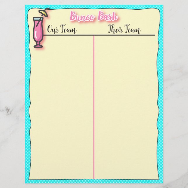 Bunco Tally Sheet - Pink Tropical Beach Drink (Front)