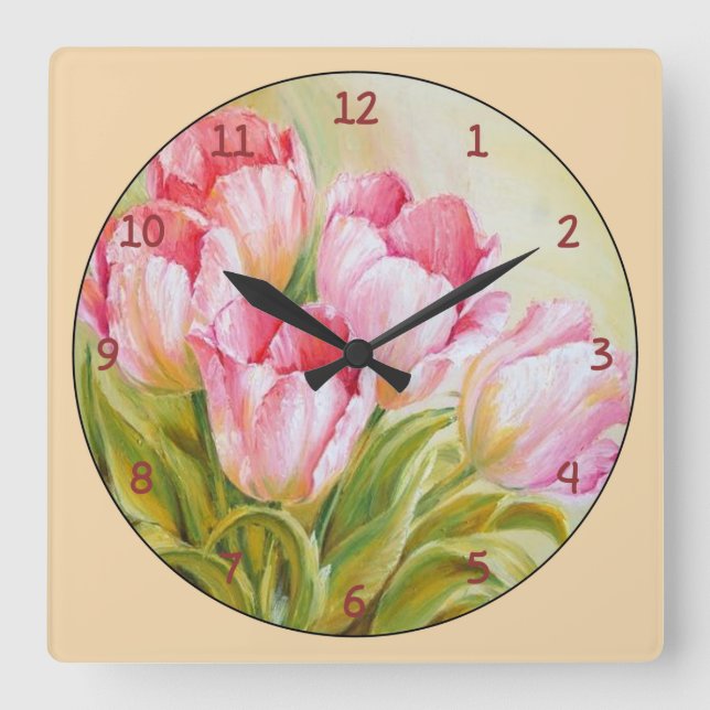 Bundle of Pink and White Tulips Square Wall Clock (Front)