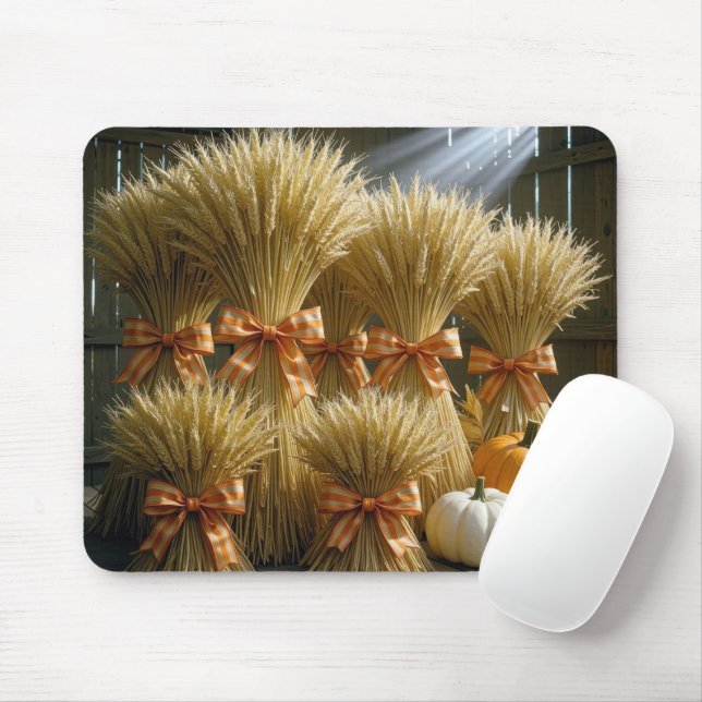 Bundled Wheat Sheaves In Barn With Pumpkins Mouse Pad (With Mouse)