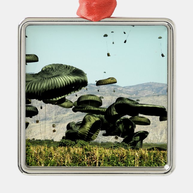 Bundles of food and water are air delivered metal ornament (Front)