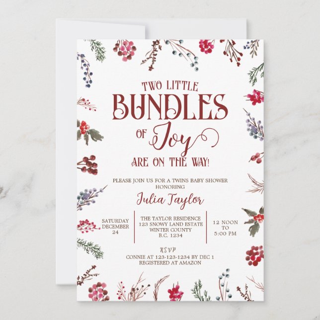 Bundles of Joy, Berries & Holly Twins Baby Shower Invitation (Front)