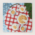 Bundt Cake and Coffee for Two Jigsaw Puzzle<br><div class="desc">Charming, cosy Sunday brunch with friends. Cafe table flat lay with bundt cake and cappuccino coffee for two on a table with a red & white chequered table cloth. Monstera plants and traditional Spanish tiles on the floor. I'd love to see this design out in the wild; tag me on...</div>